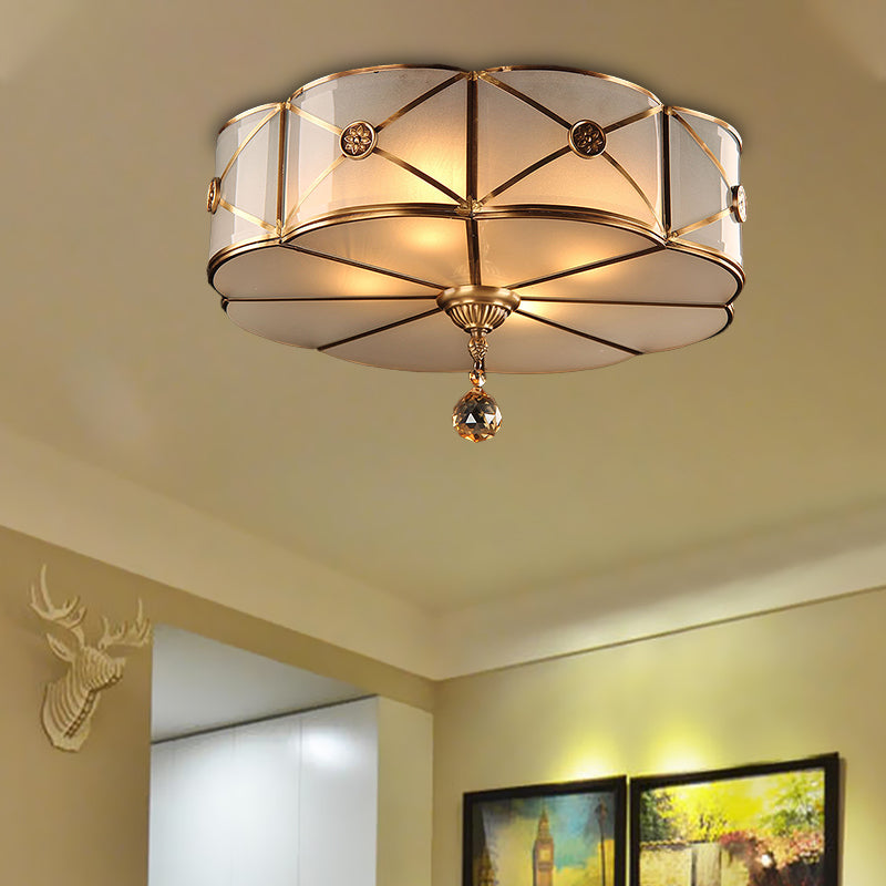 Retro Style Brass Finish Floral Flush Ceiling Lamp - 14"/18" - Opal White Glass - Crystal Drop