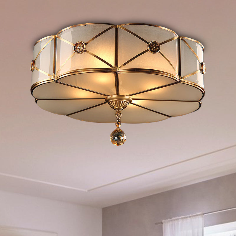 Retro Style Brass Finish Floral Flush Ceiling Lamp - 14"/18" - Opal White Glass - Crystal Drop
