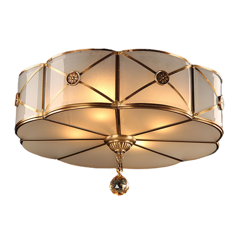 Retro Style Brass Finish Floral Flush Ceiling Lamp - 14"/18" - Opal White Glass - Crystal Drop