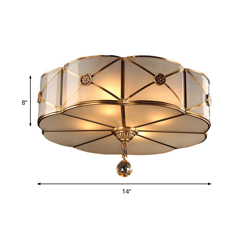 Retro Style Brass Finish Floral Flush Ceiling Lamp - 14"/18" - Opal White Glass - Crystal Drop