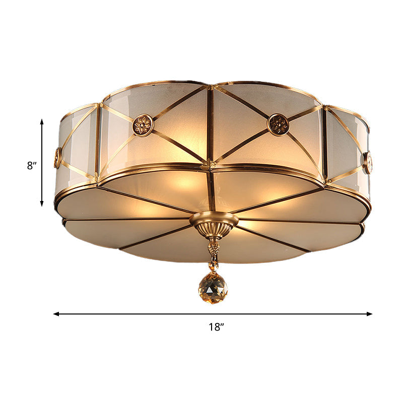 Retro Style Brass Finish Floral Flush Ceiling Lamp - 14"/18" - Opal White Glass - Crystal Drop