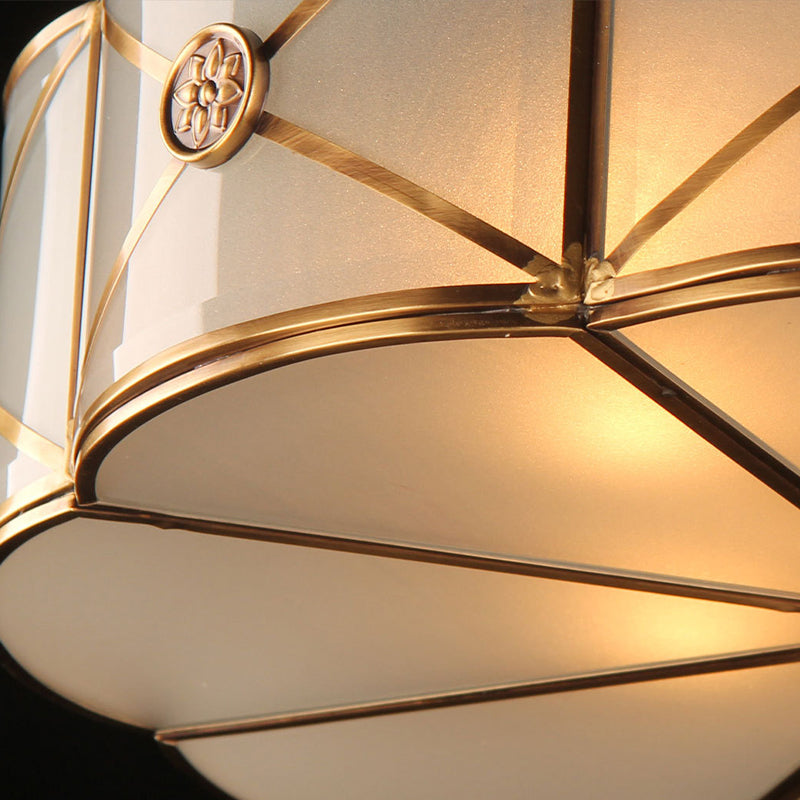 Retro Style Brass Finish Floral Flush Ceiling Lamp - 14"/18" - Opal White Glass - Crystal Drop