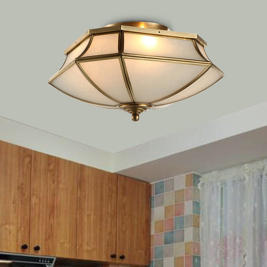 Classic Brass Beveled Ceiling Lamp with Opal Glass Shade - 3-Light Flush Mount