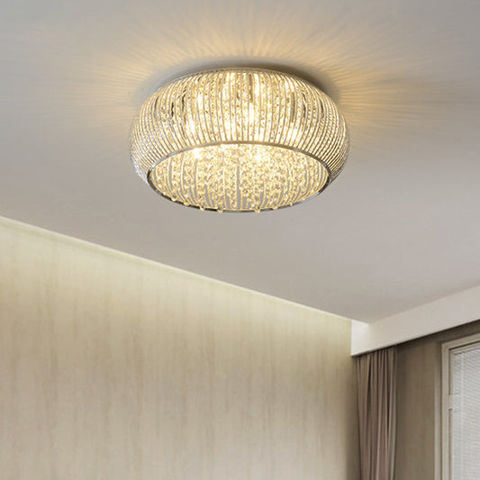 Chrome Drum Crystal Flush Mount Ceiling Light Fixture - Minimalist Design, 8 Heads, Beaded