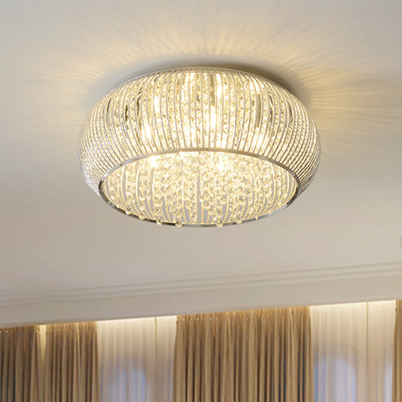 Chrome Drum Crystal Flush Mount Ceiling Light Fixture - Minimalist Design, 8 Heads, Beaded