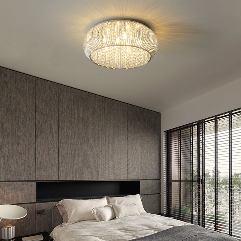 Chrome Drum Crystal Flush Mount Ceiling Light Fixture - Minimalist Design, 8 Heads, Beaded