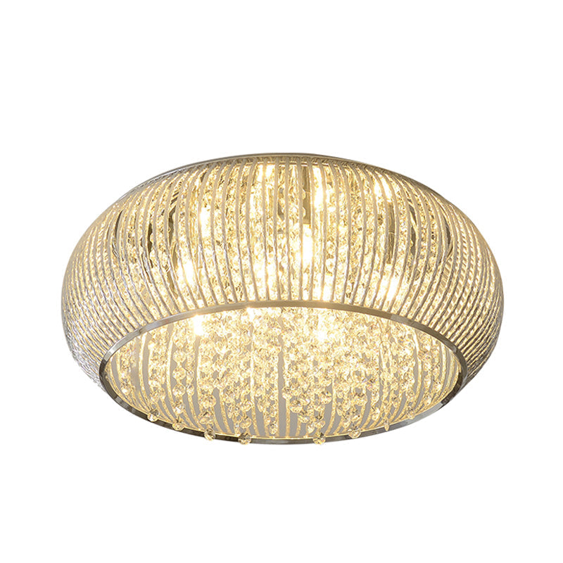 Chrome Drum Crystal Flush Mount Ceiling Light Fixture - Minimalist Design, 8 Heads, Beaded