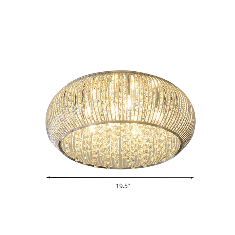 Chrome Drum Crystal Flush Mount Ceiling Light Fixture - Minimalist Design, 8 Heads, Beaded