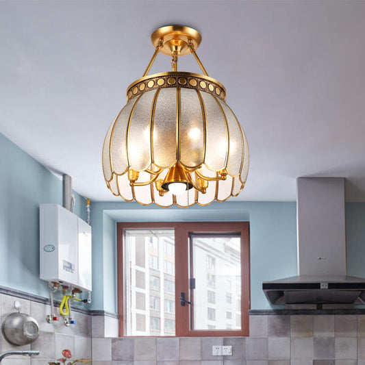 Retro Style Brass Finish Ceiling Lamp - Sphere Semi Flush Light with Frosted Glass, Pull Chain, and 1 Bulb