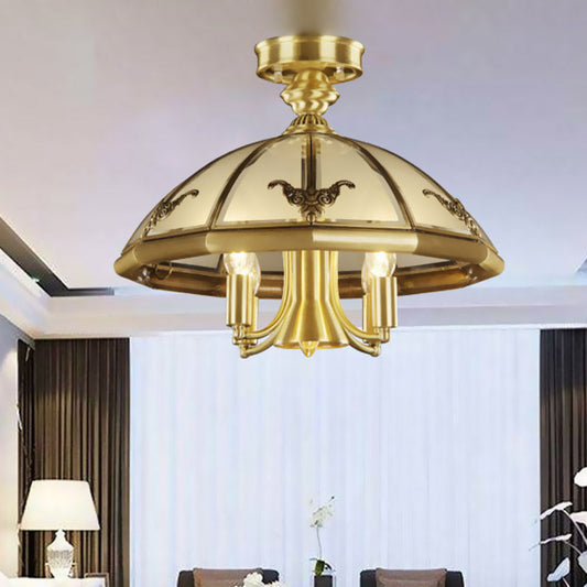 Vintage Brass Sheep/Oval Ceiling Light Fixture - 5 Bulbs, Mouth Blown Opal Glass Semi Flush Mount Lighting for Bedroom