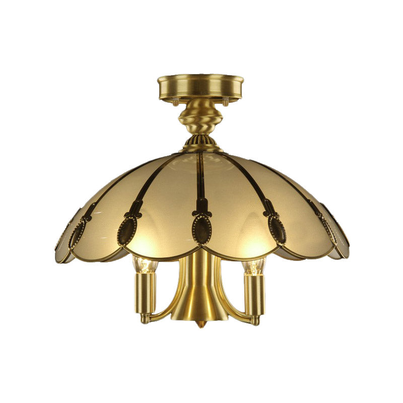 Plafonnier vintage en laiton en forme de mouton/ovale - 5 ampoules, éclairage semi-encastré en verre opale soufflé à la bouche pour chambre à coucher