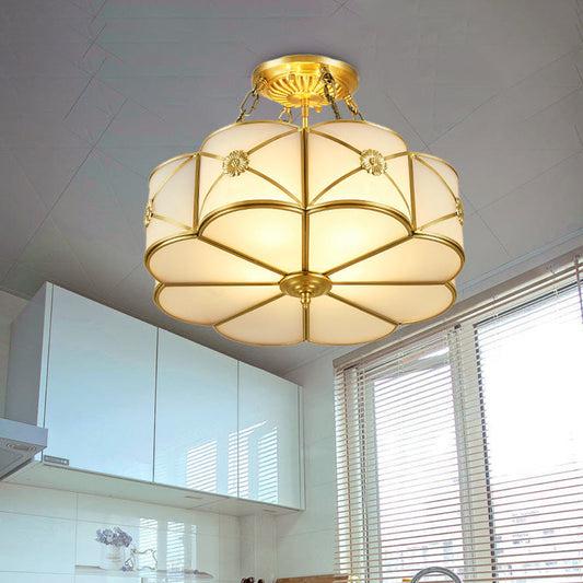 Ivory Glass Scallop Semi Flush Mount Ceiling Light - Vintage Brass Fixture, 4-Head Design for Bedrooms
