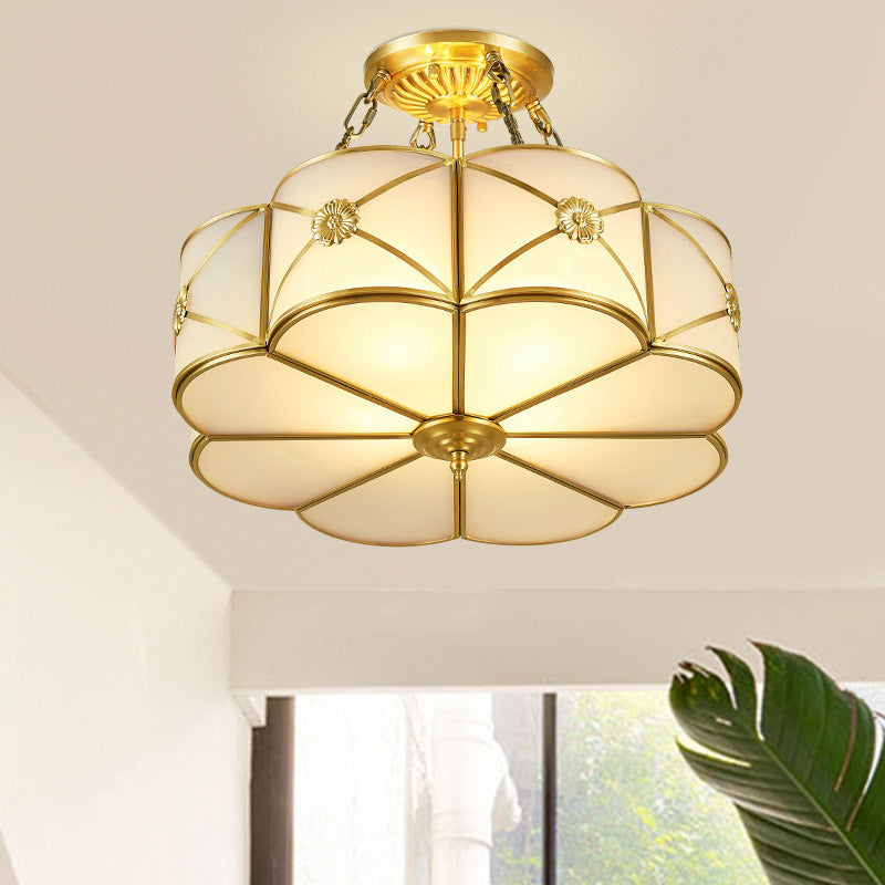 Ivory Glass Scallop Semi Flush Mount Ceiling Light - Vintage Brass Fixture, 4-Head Design for Bedrooms