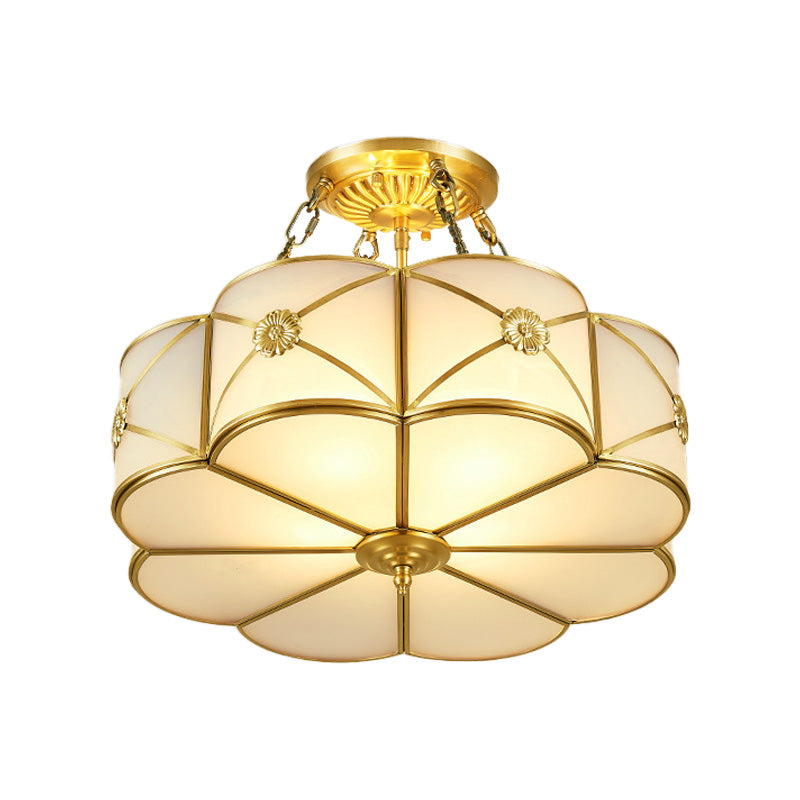 Vintage Ivory Glass Scallop Ceiling Lighting 4-Headed Bedroom Flush Mount In Brass
