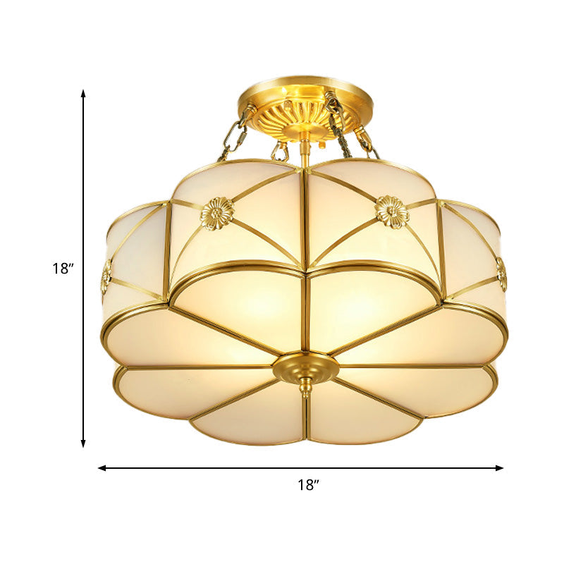 Ivory Glass Scallop Semi Flush Mount Ceiling Light - Vintage Brass Fixture, 4-Head Design for Bedrooms