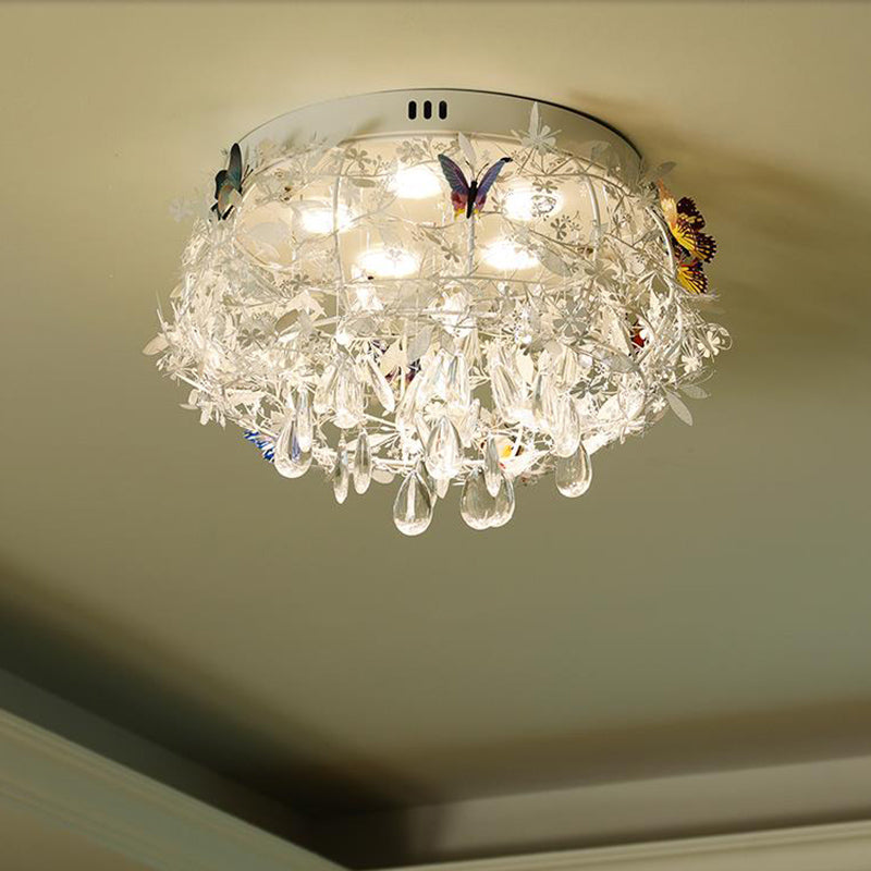 Cascade Teardrop Crystal Ceiling Light - 18"/23.5" Wide, Contemporary 5 Heads, Nickel Flush Mount