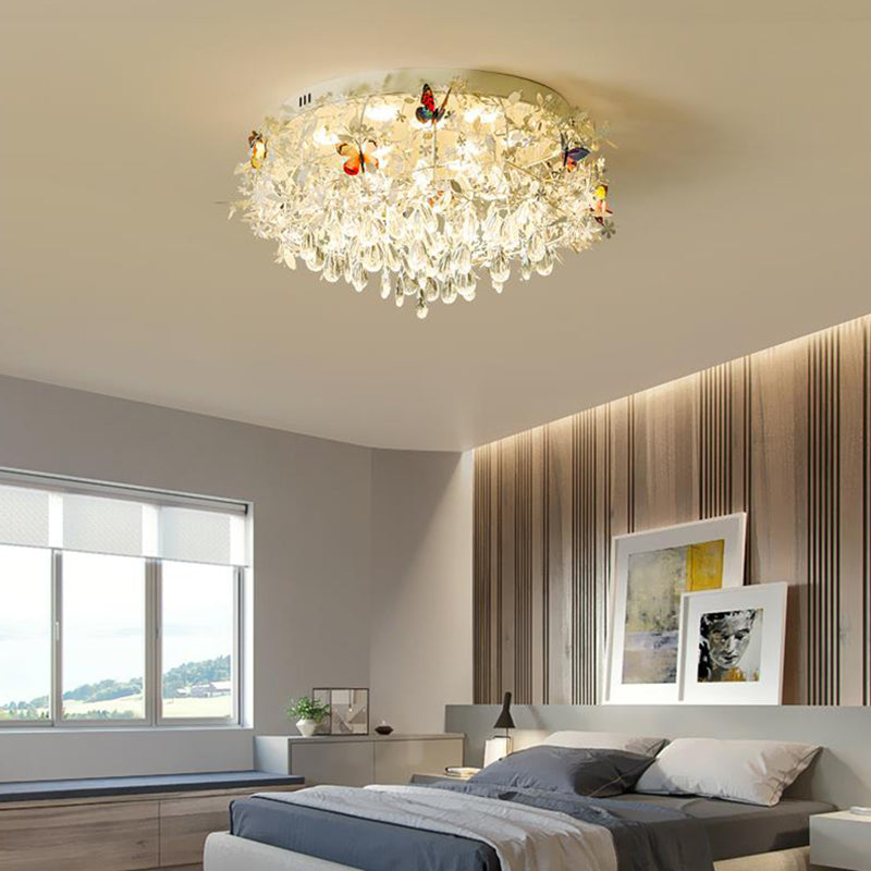 Cascade Teardrop Crystal Ceiling Light - 18"/23.5" Wide, Contemporary 5 Heads, Nickel Flush Mount