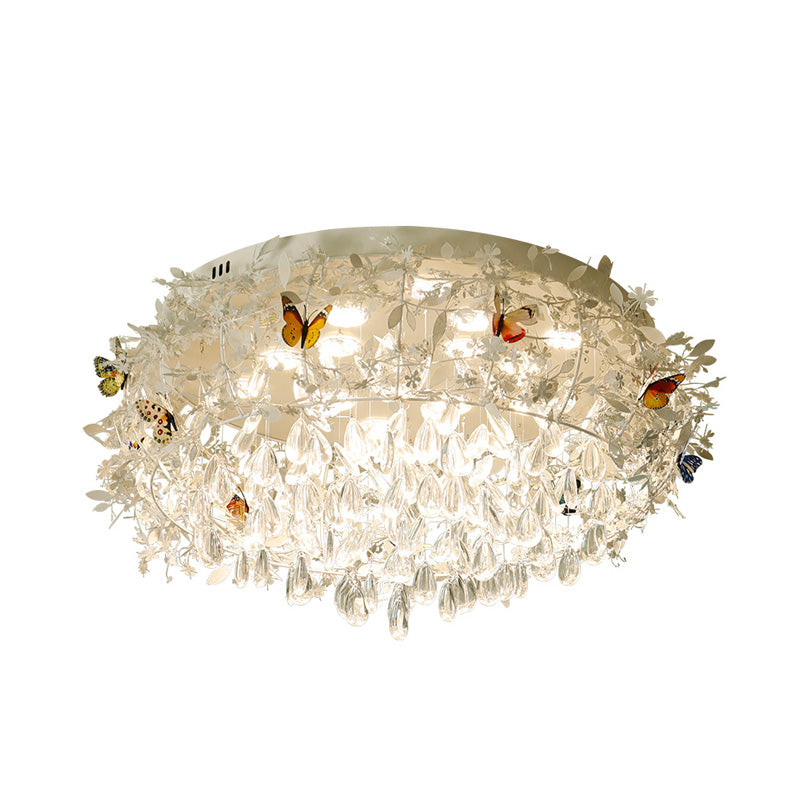 Cascade Teardrop Crystal Ceiling Light - 18"/23.5" Wide, Contemporary 5 Heads, Nickel Flush Mount