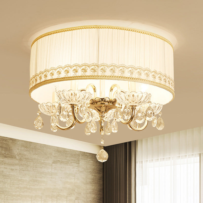 Luminaire encastré en cristal moderne - Bougie blanche avec 5 têtes, abat-jour en tissu et design monté au plafond