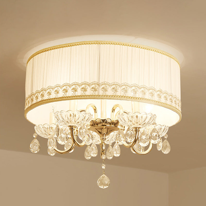 Luminaire encastré en cristal moderne - Bougie blanche avec 5 têtes, abat-jour en tissu et design monté au plafond