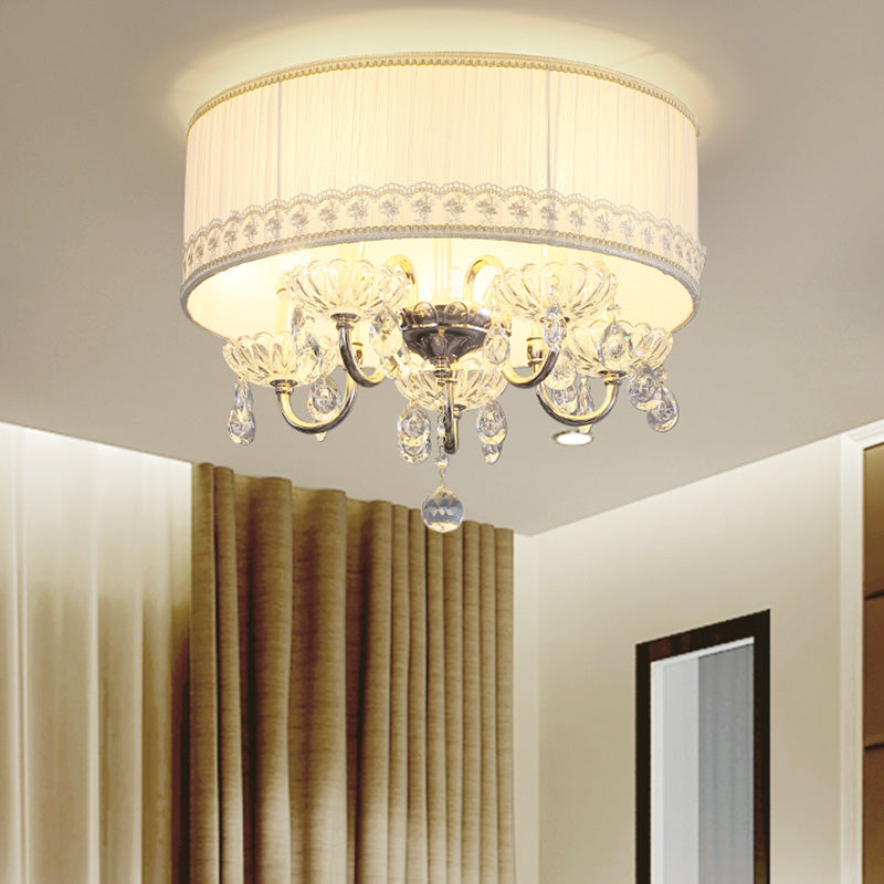 Luminaire encastré en cristal moderne - Bougie blanche avec 5 têtes, abat-jour en tissu et design monté au plafond