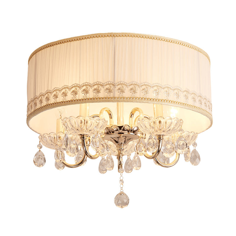 Luminaire encastré en cristal moderne - Bougie blanche avec 5 têtes, abat-jour en tissu et design monté au plafond