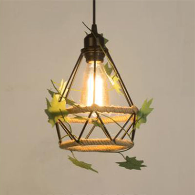 Beige Hanging Lamp: Country Style Metal & Rope Pendant Lighting for Coffee Shop