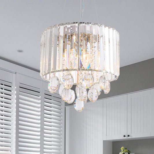 Contemporary Crystal Rod Drum Chandelier Pendant Light - 6 Heads, Clear