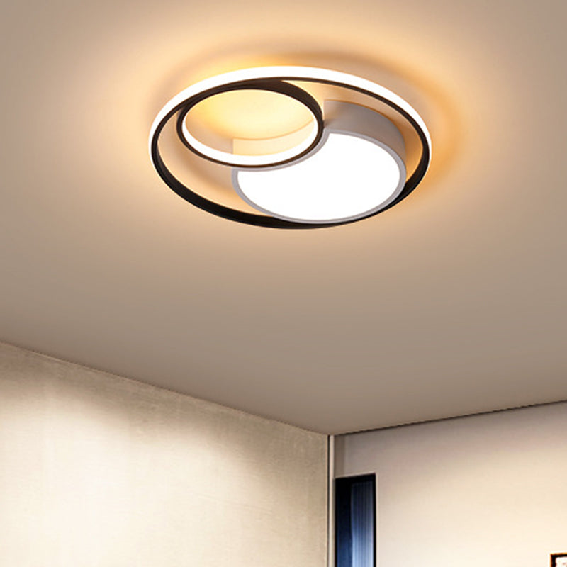 Modern Metal Circle Ceiling Light - 18"/21.5" Wide LED Flush Lighting in Black and White – Warm/White Light, Remote Control, Stepless Dimming