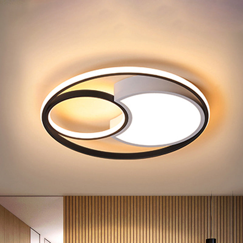 Modern Metal Circle Ceiling Light - 18"/21.5" Wide LED Flush Lighting in Black and White – Warm/White Light, Remote Control, Stepless Dimming