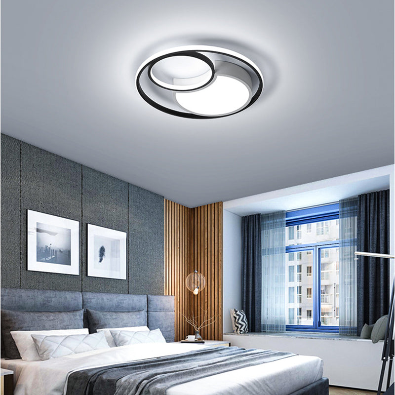Modern Metal Circle Ceiling Light - 18"/21.5" Wide LED Flush Lighting in Black and White – Warm/White Light, Remote Control, Stepless Dimming