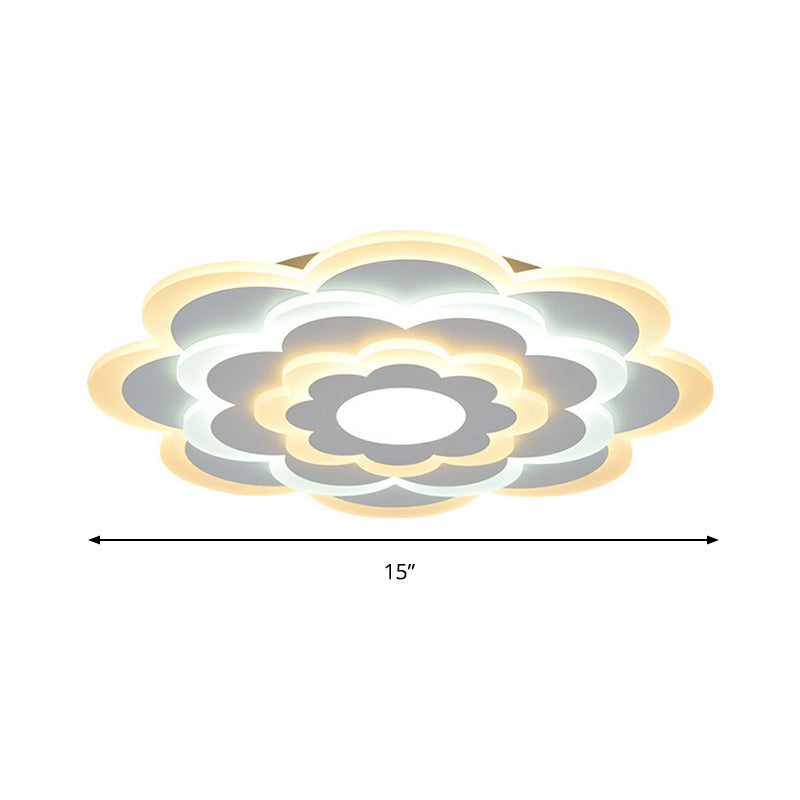 Contemporary White Flower Acrylic LED Flush Mount Ceiling Light - Outer Warm Inner White - 15"/19.5" Wide