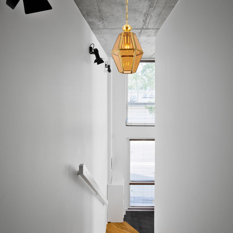 Colonial Ceiling Pendant Lamp With Geometric Glass Shade For Living Room