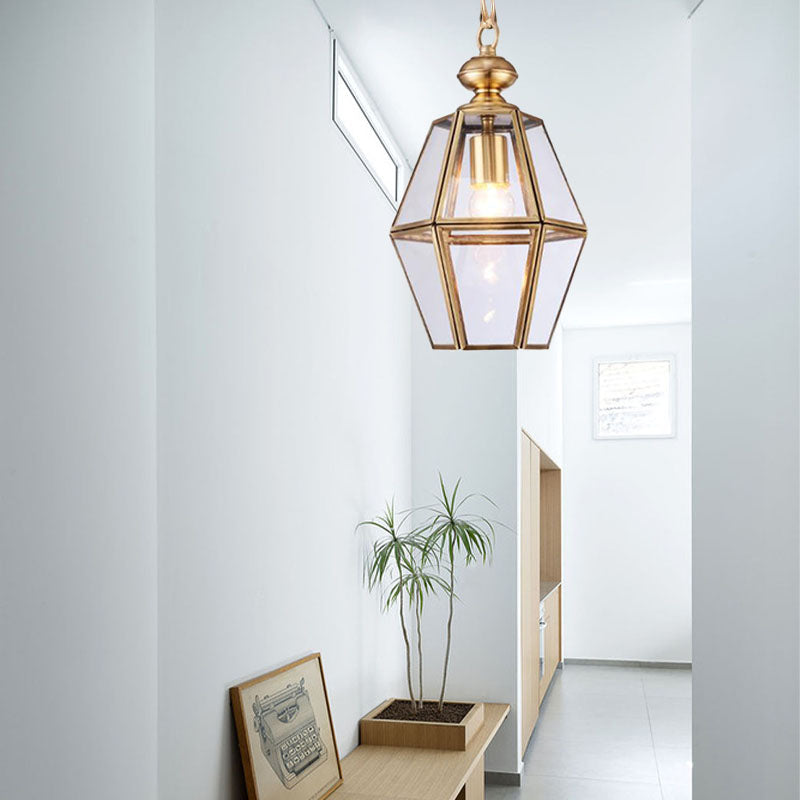 Colonial Ceiling Pendant Lamp With Geometric Glass Shade For Living Room