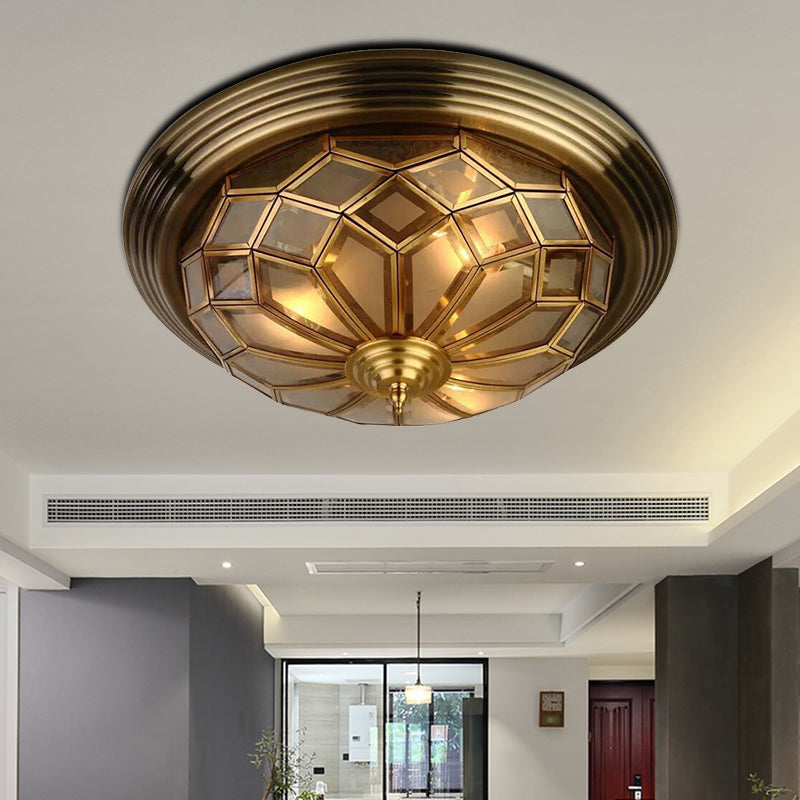 Prismatic Frosted Glass Flush Light Fixture - 3/4 Lights Bedroom Lighting in Brass, 14-18" Wide