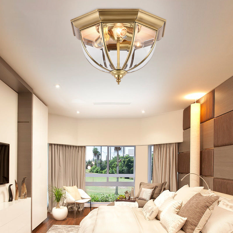 Colonial Style Brass Domed Flush Ceiling Light - 3 Lights Clear Glass Mount For Bedrooms