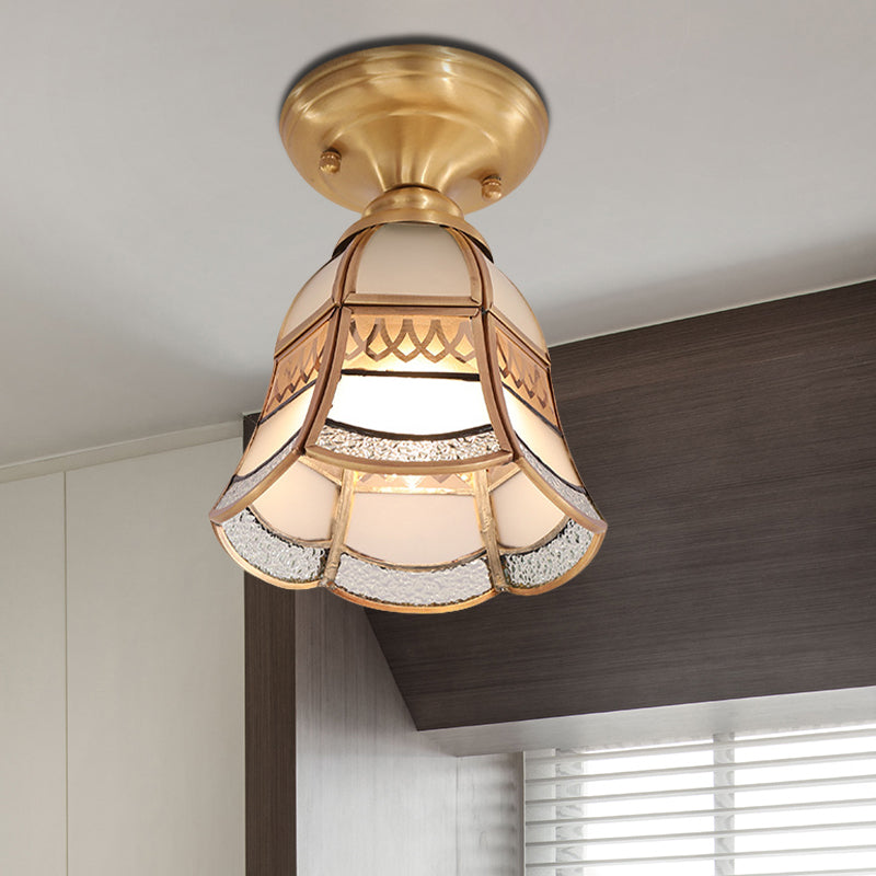 Classic Brass Tapered Flush Mount Light with Frosted Glass - 5"/6.5" Wide, 1-Light, Colonial Style for Living Room Ceiling