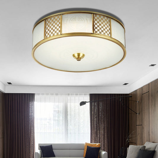 Classic Brass Drum Flush Mount Ceiling Light with Frosted Glass | 4-Light Traditional Ceiling Fixture