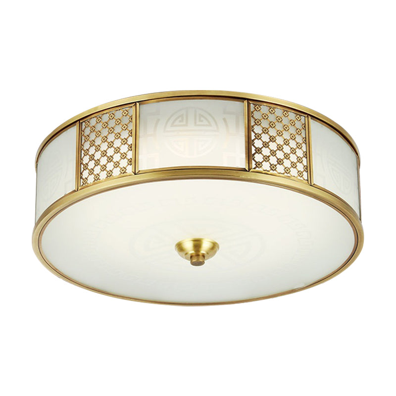 14"/18" Wide 4-Light Colonial Drum Flush Mount Ceiling Light with Milky Glass Flushmount in Brass"
or
"Colonial Drum Flush Mount Ceiling Light - 14"/18" Wide 4-Light, Milky Glass Flushmount in Brass