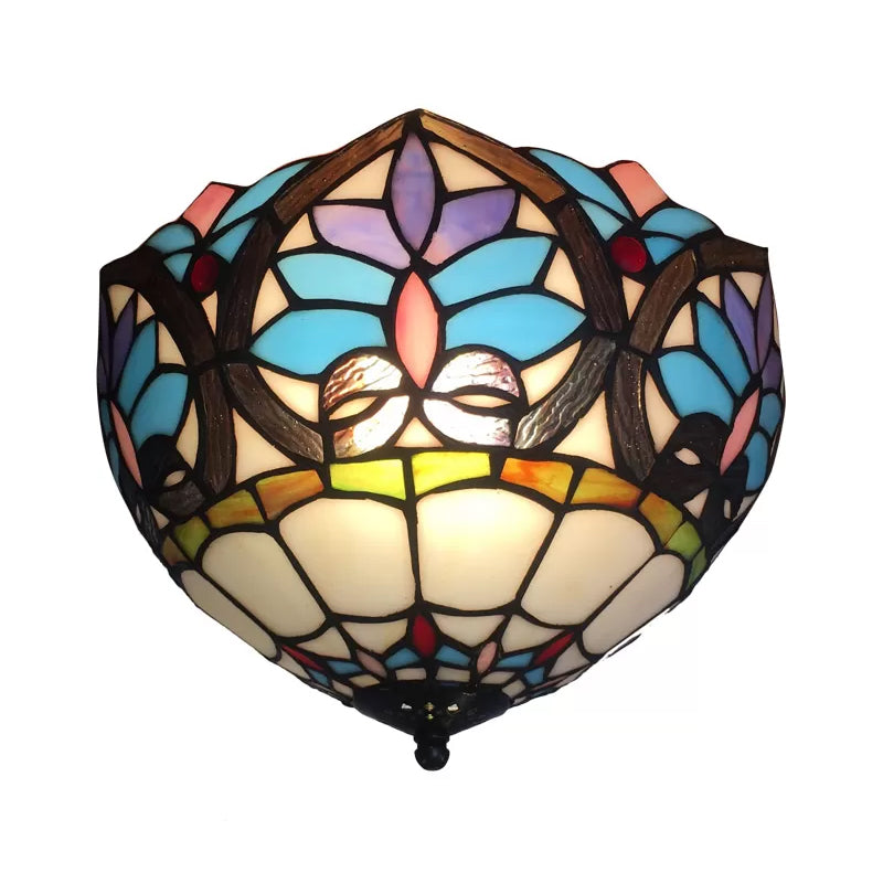 Plafonnier en verre teinté floral en laiton antique - Luminaire encastré de style victorien pour salon (2 lumières)
