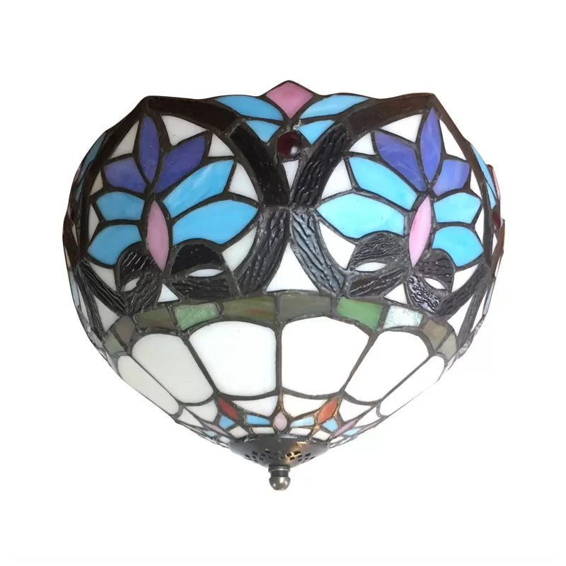 Plafonnier en verre teinté floral en laiton antique - Luminaire encastré de style victorien pour salon (2 lumières)