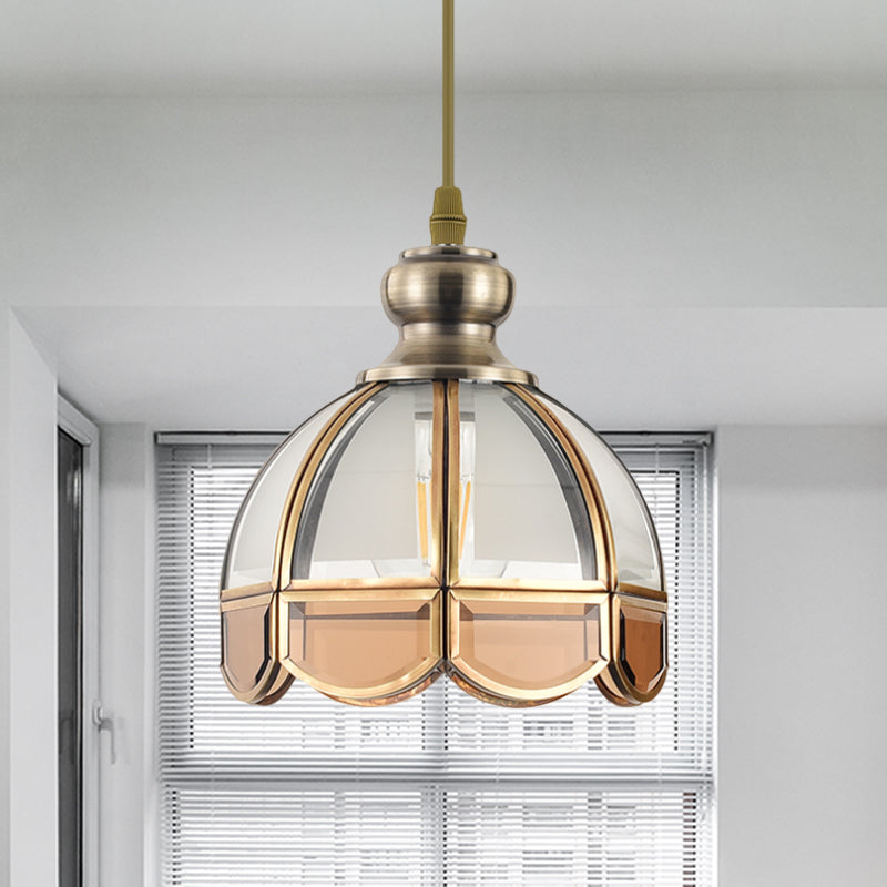 Vintage Clear/Beige Glass Dome Pendant Lamp - Nickel Head Stairway Ceiling Light