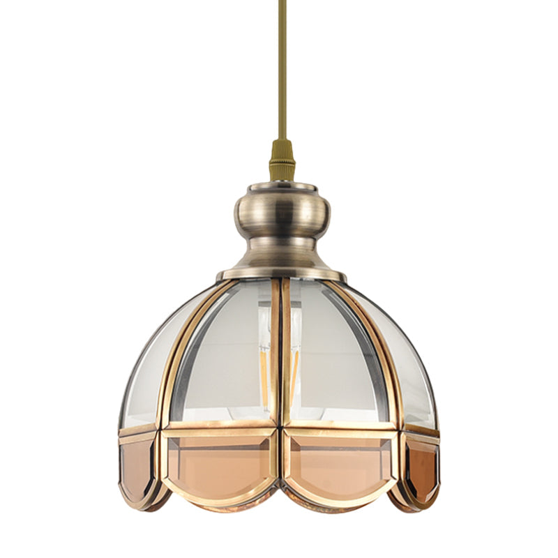 Vintage Clear/Beige Glass Dome Pendant Lamp - Nickel Head Stairway Ceiling Light