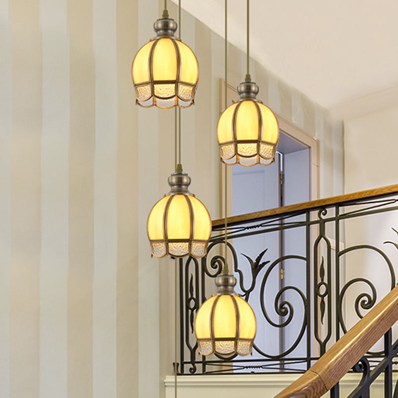 Vintage Clear/Beige Glass Dome Pendant Lamp - Nickel Head Stairway Ceiling Light