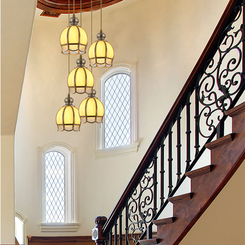 Vintage Clear/Beige Glass Dome Pendant Lamp - Nickel Head Stairway Ceiling Light