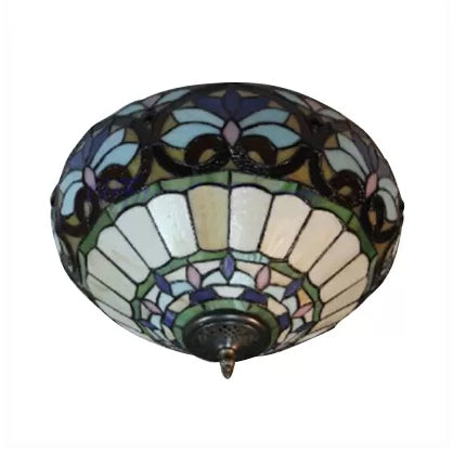 Plafonnier en verre teinté floral en laiton antique - Luminaire encastré de style victorien pour salon (2 lumières)