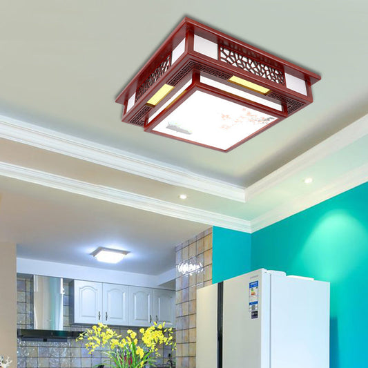 Traditional Dark Red Wood LED Square Flush Mount Ceiling Light