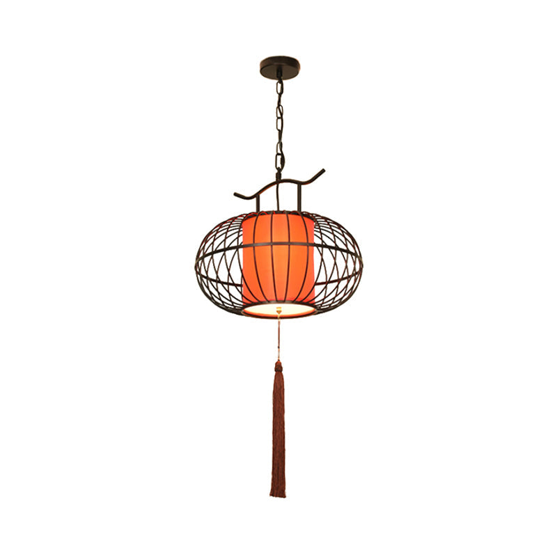 Traditional White/Red Lantern Drop Pendant Ceiling Light For Tea Room - 1 Fabric 16/19.5/23.5 Wide