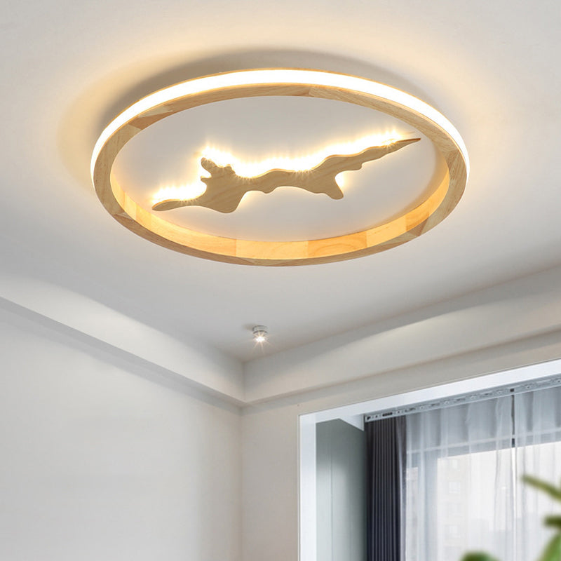 Minimalist Wood Circle Ceiling Light, Dark Brown/Light Brown LED Flush Fixture - 17"/21"/25" Wide