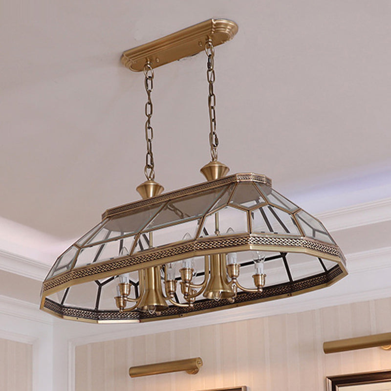 Colonialist Clear Glass Faceted Living Room Island Light With 12 Brass Hanging Lamp Heads